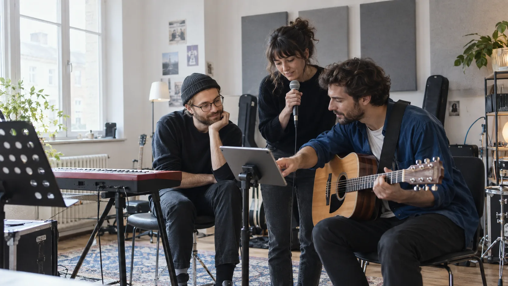 Three musicians rehearsing together with a shared digital songbook
