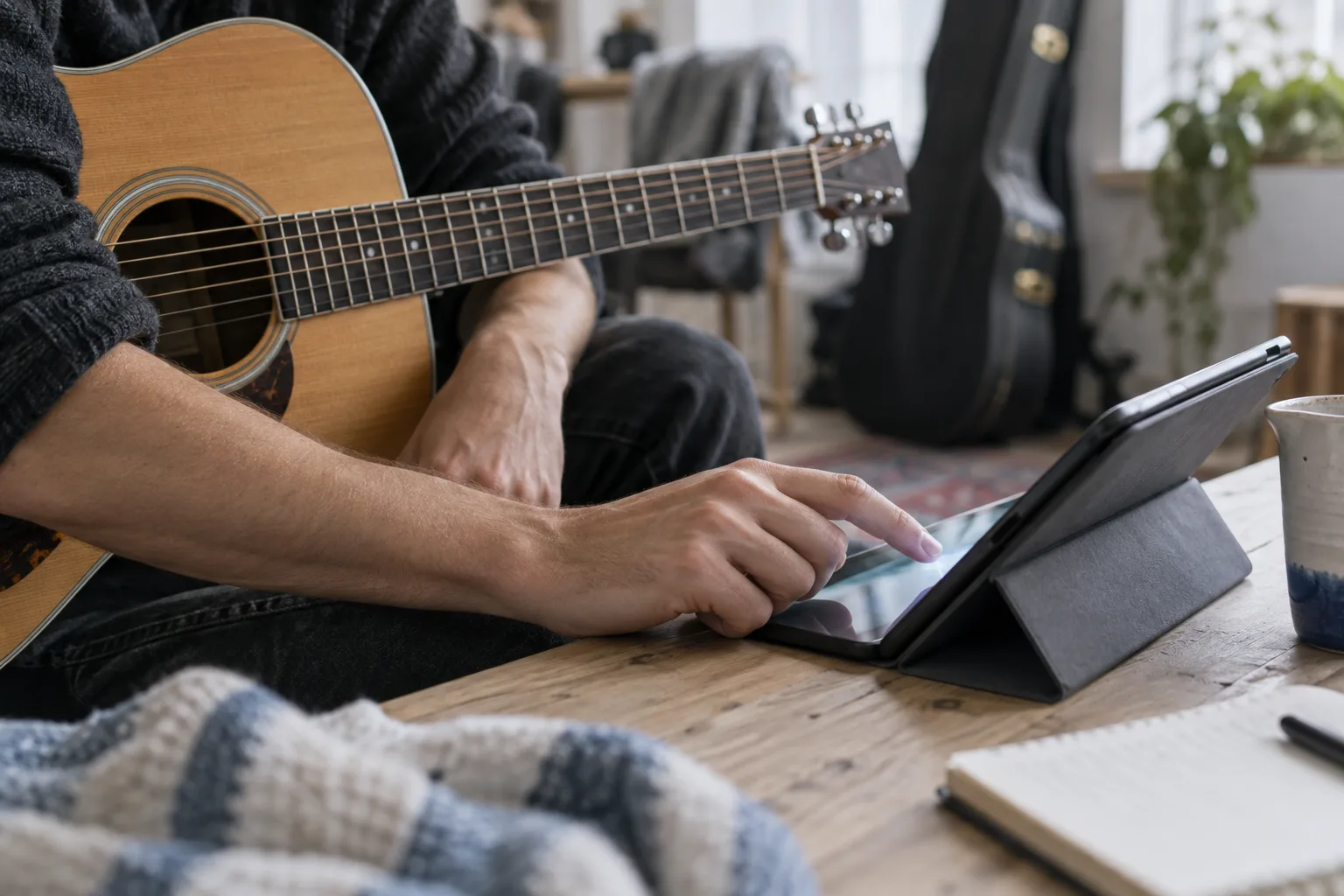 A musician using a tablet beside an acoustic guitar